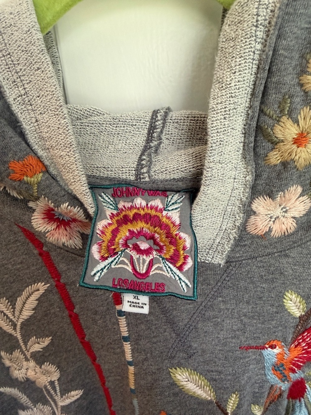 Johnny Was Gray Hoodie with Multicolor Floral & Bird Embroidery - Picture 2 of 3